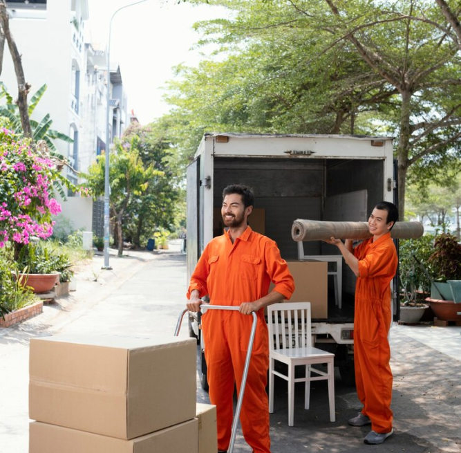 Two professional movers loading boxes onto a truck, showcasing long-distance moving services in West Palm Beach, FL by Sergeant Moving & Storage