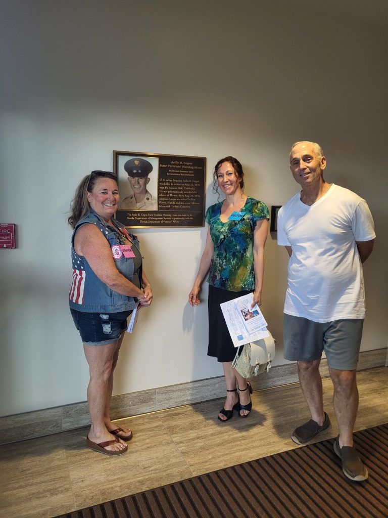 In this photo Tom sponsored Andrea (pictured center) to lead a therapeutic music class for residents at the Ardie Copas Veterans Nursing Home in Port St. Lucie. Also pictured on the left is Shyrell Copas, daughter of Ardie Copas, the facility's honored namesake. Sergeant Moving and Storage is committed to giving back and supporting veterans in our community.